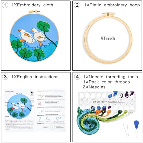 Image of Duck Hand Embroidery Kits for Beginners Adults, Animal DIY Embroidery Starter Kit, Stamped Cross Stitch Kits for Beginner Craft Kits for Adult Women, Entire Set of Embroidery Supplies & Video Tutorial