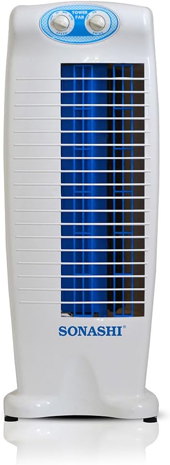 Sonashi Tower Fan 4-Way Air Flow, 3 Speed Control, 25 Feet Air Delivery and Consumption and Anti-Rust Body (White- Blue) SF-8030-blue
