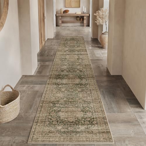 2x10 Washable Green Vintage Runner Rug for Kitchen Hallway Non-Slip Low Pile Soft Thin Carpet Traditional Retro Distressed Accent Throw Rug for Entryway Bathroom Indoor Bedroom
