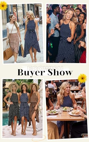Image of ECOWISH Polka Dot Women Summer Dresses Casual Midi A Line Ruffle High Low Sleeveless Boho Floral Halterneck Cocktail Sundress