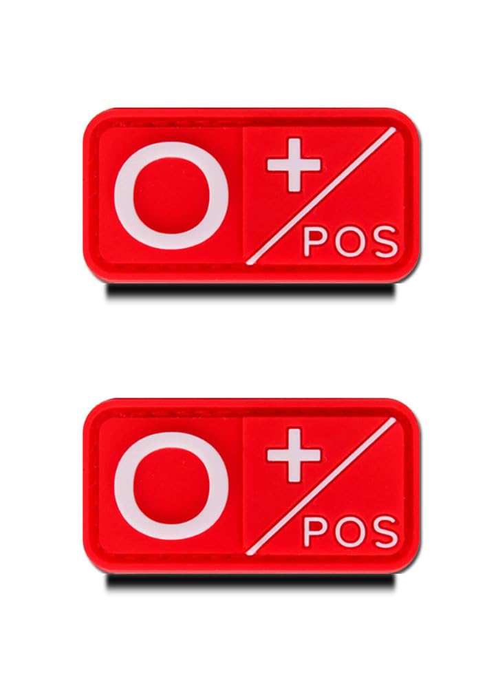 Zcketo 2 Pieces Red O+ Pos Positive Type Blood Type 3D PVC Rubber Medic Patch with Velcro, Heavy Material, for Tactical Backpacks, Medical Bags, First Aid Kits, Outdoor Adventure Kits