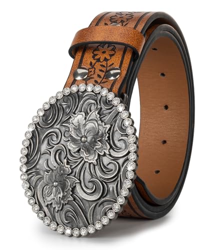 Image of Mealah Womens-Western-Belt Rhinestone-Cowboy-Cowgirl Belt - Embossed PU-Leather Belt with Diamond Flower-Buckle(for 31-38'')