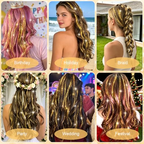 Image of MAYCREATE 6Pcs Clip in Hair Tinsel Gold Glitter Hair Extensions Tinsels for Women Heat Resistant Sparkle Strands for Women Girls Kids Party Festival Decoration