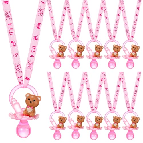 Image of Coume 36 Pcs Baby Shower Pacifiers Necklace Cute Bear Bottle Acrylic Pacifiers Necklaces for Baby Shower Games Guests Gender Reveal Party Favors Prize Decorations DIY (Pink,Cute)