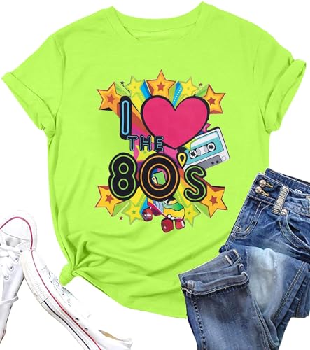 ASTANFY 80s Workout Costume Outfit for Women I Love The 80's T-Shirt 80s Outfit Hip Hop Party Tee Birthday Theme Party Gift Green