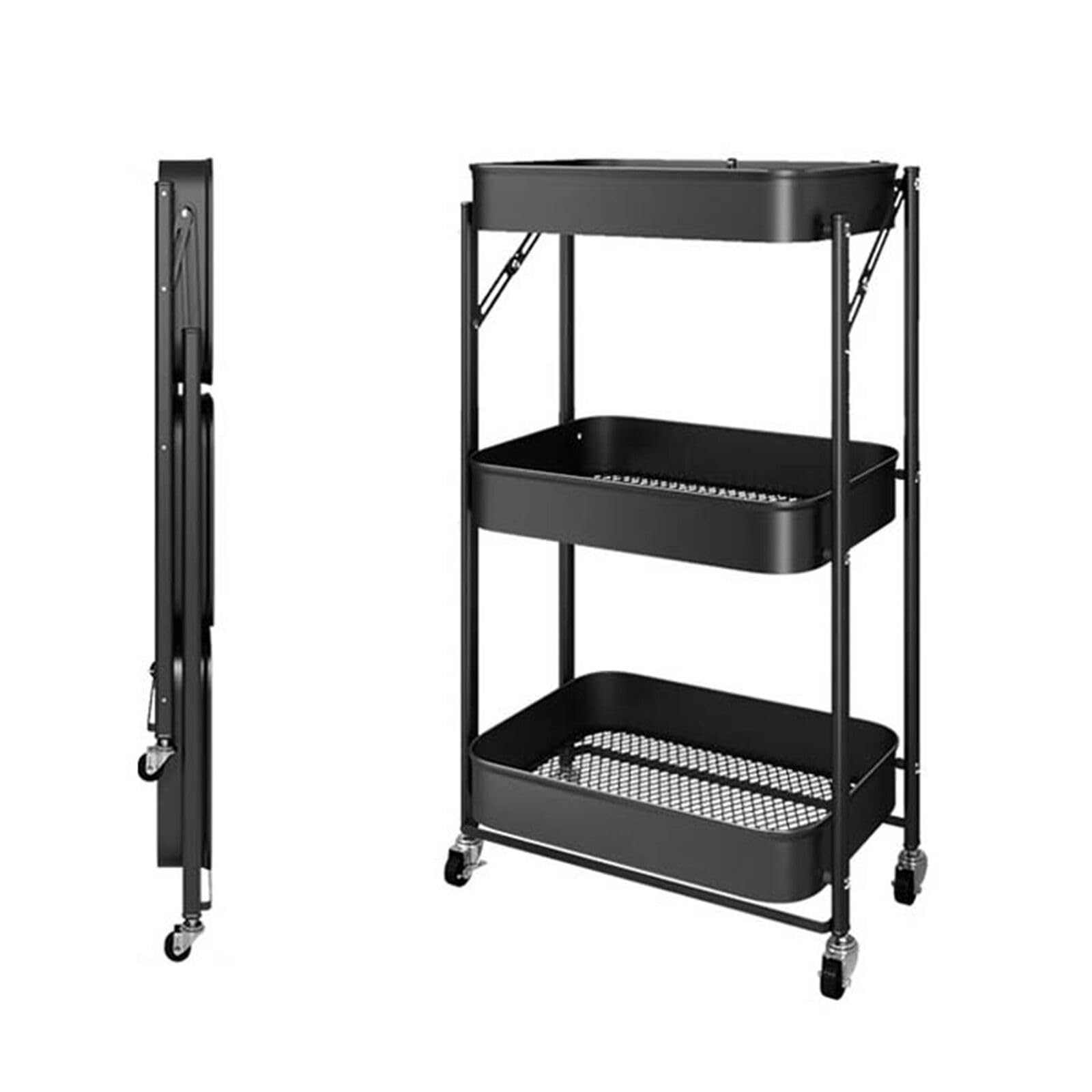 Multibao 3 Tier Metal Folding Trolley Cart with Handles Storage Rack Rolling Shelf Beauty Office Wheels for Living Room, Laundry, Bedroom (Black 3-Tier-Folding)