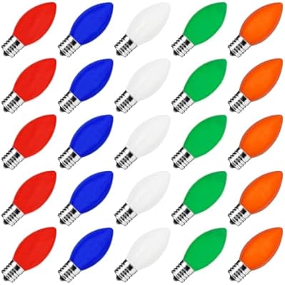 C9 LED Christmas Light Replacement Bulbs, 25 Pack C9 Ceramic Multicolor Glass Light Bulbs, Vintage Christmas Bulbs for Xmas Indoor Outdoor String Lights, E17/C9 Intermediate Base,…