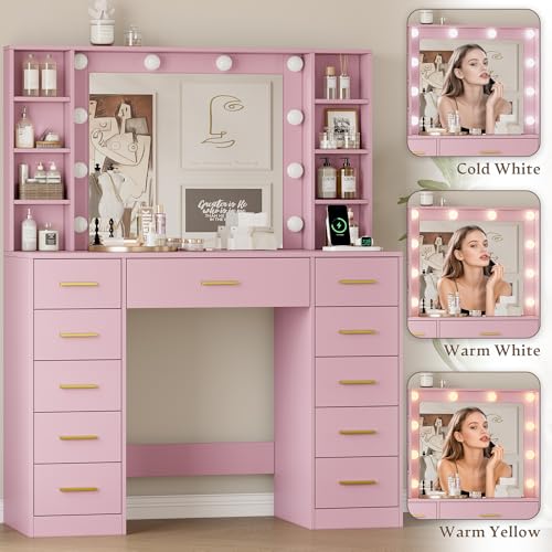 Image of Wodeer Makeup Vanity with Drawers, 43 inch Pink Vanity Desk with Mirror and Lights, 11 Drawers & 4 Shelves, Power Outlet & Adjustable LED Lights, Dressing Table for Women & Girls Bedroom