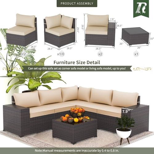 Image of 6 PCS Outdoor Patio Furniture Set,Outdoor Sectional Furniture All Weather PE Rattan Wicker Patio Conversation Set with Coffee Table and 5 Thickened Cushions,Sand