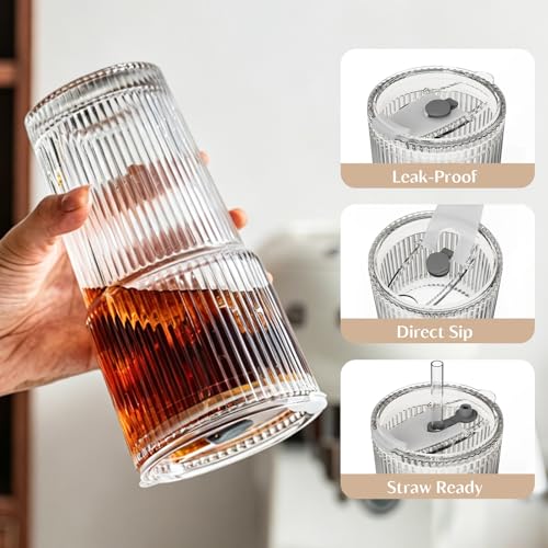 Image of INSETLAN 6-Piece Glassware Set - 20 oz Ribbed Glass Tumblers with Lids and Glass Straws, Heavy-Duty Tumblers, Ideal for Iced Coffee, Smoothies, Cocktails, and Juices - Elegant and Durable Drinkware