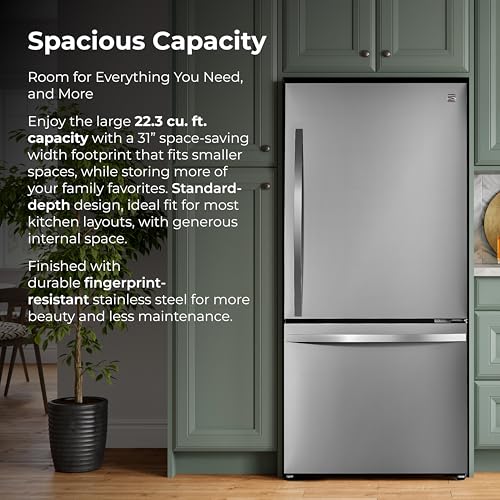 Kenmore 31" Bottom Freezer Refrigerator - Ice Maker, Adjustable Shelving, Crispers Drawers, LED Lighting, ENERGY STAR Certified, 22.3 cu. ft. Capacity, Fingerprint Resistant Stainless Steel - Image 2