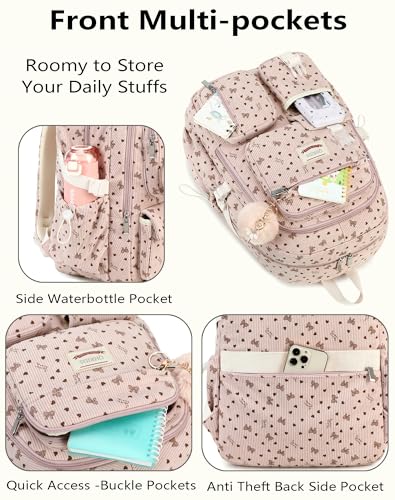 Backpack for Girls Big Student Corduroy Laptop Backpack for College Kids Elementary Middle High School Bag Anti Theft Bookbag Travel Daypack Womens(Corduroy Pink Bowknot)3