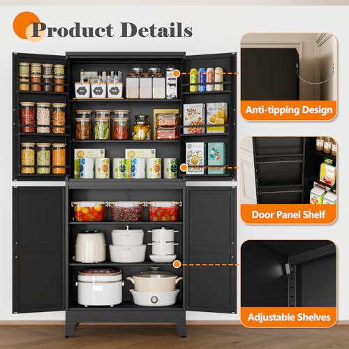 Image of GAIOUS 74.8 inch Tall Metal Food Cabinet, Black Kitchen Pantry Cabinet, Storage Cabinets with 4 Door and 4 Adjustable Shelves, Steel Freestanding Cupboard for Kitchen Dining Room Living Room Bathroom
