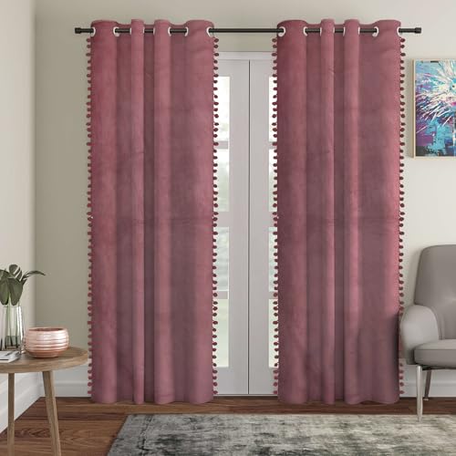 Image of STITCHNEST Premium Velvet Semi Blackout Curtains with Pom Pom - Pack of 1 Door Curtains, Elegant Peach Color - Room Darkening for Bedroom & Living Room (Size: 9ft)