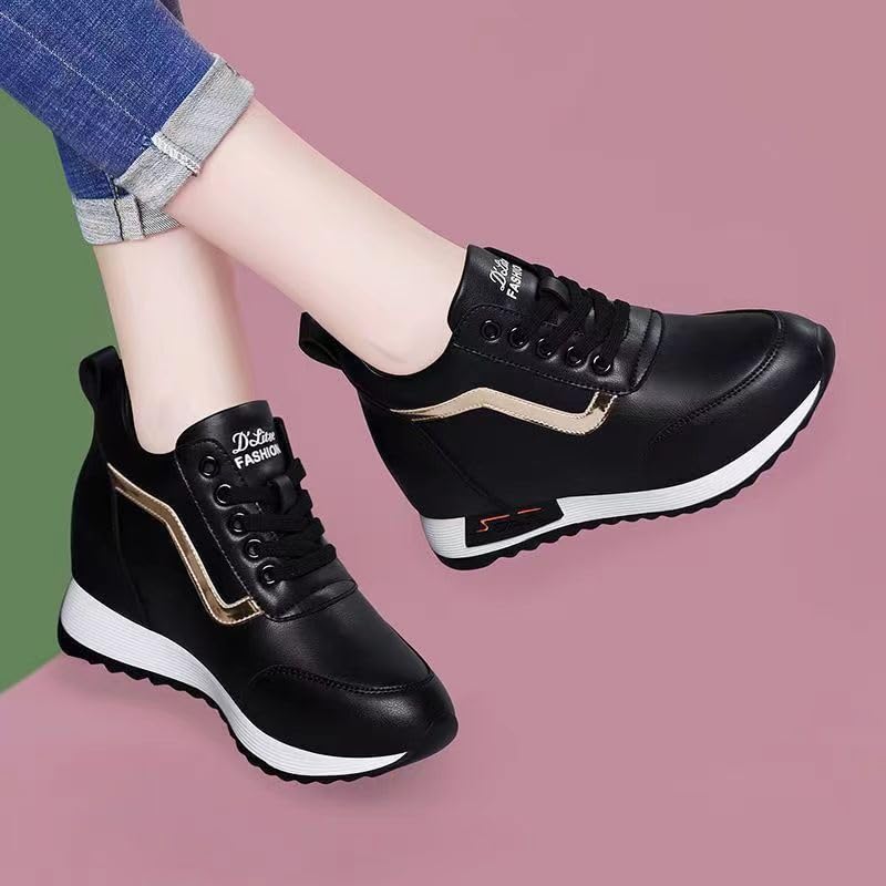 Women's Leather Chunky Sneakers, Comfortable Height Increasing Sports Shoes, Casual Walking Shoes3