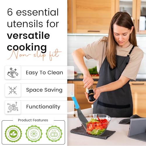 Cucina da cucina con utensili Ohanian Multi colore Set di 6 strumenti di alta qualità su supporto rotante Include cucchiaio mestolo Skimmer Cucchiaio scanalato Turner Forchetta per spaghetti - immagine 6