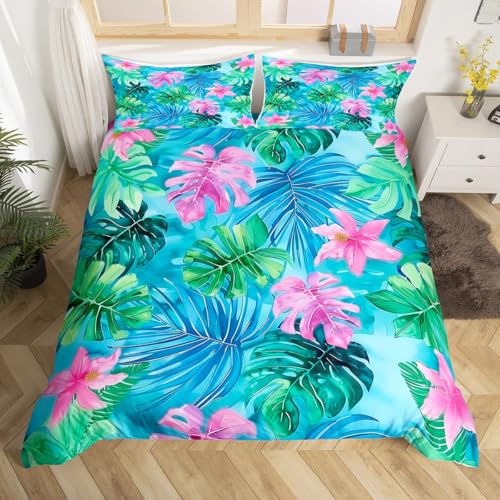 Castle Fairy Tropical Summer Duvet Cover Twin Size for Kids Boys Girls Teens,Palm Leaves Green and Pink 2 Pieces Duvet Cover,Watercolor Flowers Hawaii Themed Soft Comforter Cover (Not Comforter)