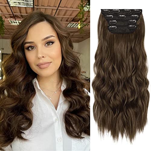 20 Inches Medium Brown Hair Extension clip ins, 4Pcs Synthetic Curly Clip in Hair Extensions