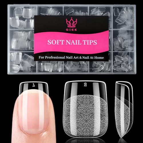 Image of Extra Short Square Nail Tips, 510 Pcs Clear Half Matte, 15 Sizes | 510 PCS clear extra short square tips with half-matte full cover for natural DIY extensions.