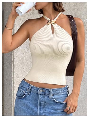 Verdusa Women's Cut Out Ribbed Halter Tops Summer Sleeveless Slim Fit Going Out Tops3