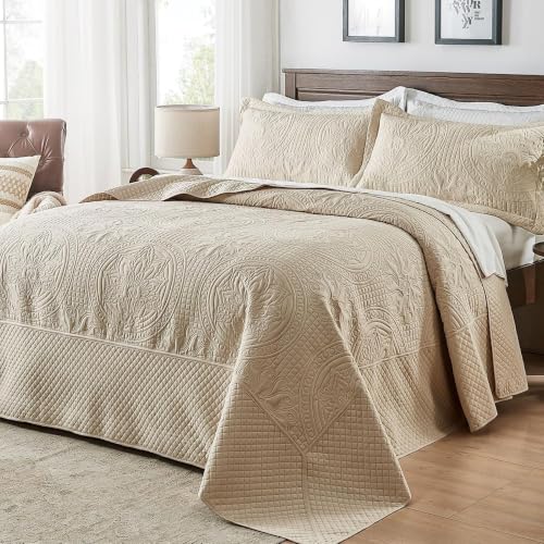 Image of Qucover Queen Bedspread Medallion Pattern Quilt Bedding Set 3 Piece Beige