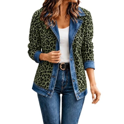 Womens Denim Jacket Leopard Jean Coat Casual Open Front Jacket Fall Clothes - image 1