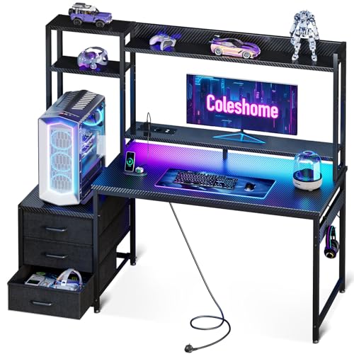Coleshome Gaming Tisch mit Regal und Schubladen,120×48cm Gaming Schreibtisch mit LED-Beleuchtung & Steckdose, Computertisch mit Ablageflächen & Monitorständer, Carbon Fiber Schwarz