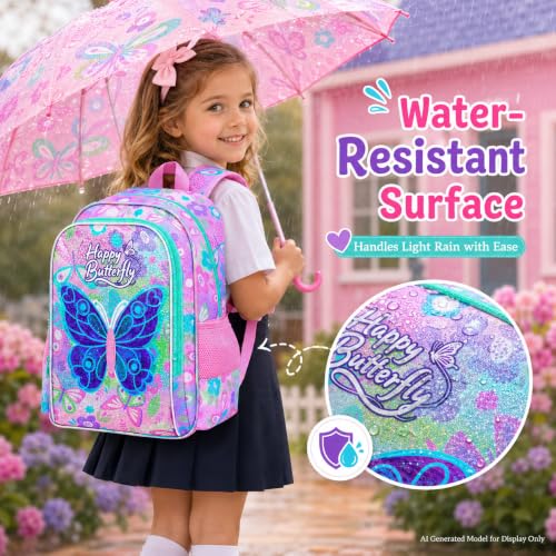 Image of CCJPX 3Pcs Butterfly Backpack, 16 inch Kids Girls Bookbag with Lunch Box, Water Resistant Elementary School Bag for Kindergarten Preschool Toddler (Pink)