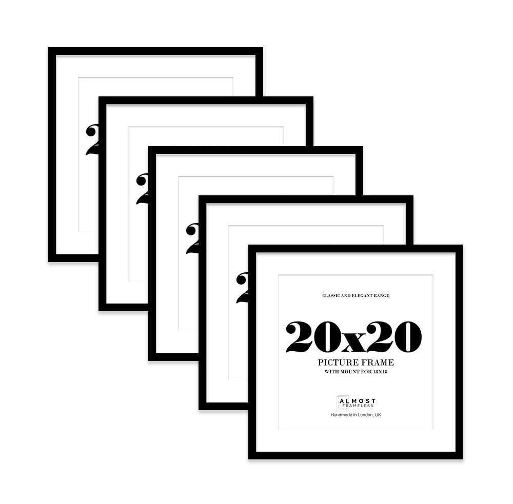 20x20 Black Picture Frame with Mount for 18x18 Photos, Prints - Modern Square Wall Frame, Set of 5