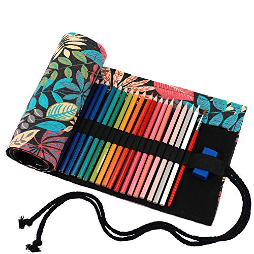 Amoyie Trousse a Crayon Enroulable, Pliable Pochette Rangement pour 72 Crayons de Couleur, Etui Tissu, Sac à Crayons, Feuille Colorée