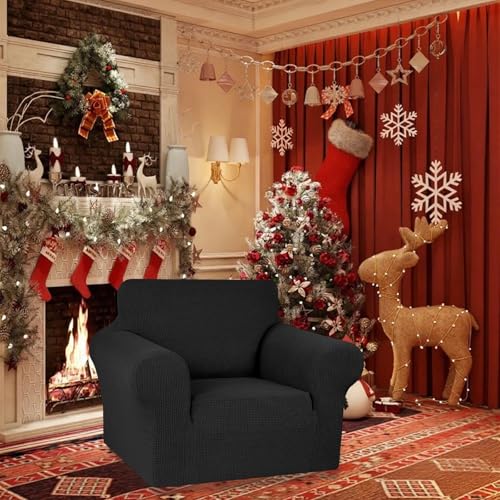 KEKUOU Stretch Single Sofa Slipcover 1 Piece Couch Sofa Cover (31"-55") Furniture Protector 1 Seater Sofa with Elastic Bottom for Kids,Pet.Jacquard Small Checked Pattern Fabric(Small,Black) - Image 3
