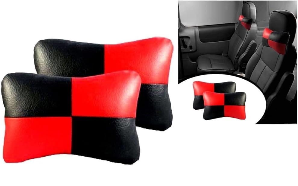 Image of Car Sqaure RED Black Faux Leather Neck Rest for Hyundai Grand i10 Nios
