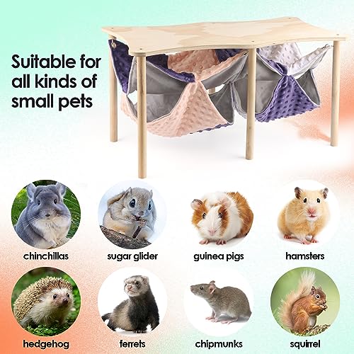 Image of Guinea Pig Hammock,Double Ferret Rat Hammock with Stand,2PCS Hanging Soft Small Animal Toys Sleeping Bed with Durable Wooden Stand for Chinchilla Bunny Hiding and Playing