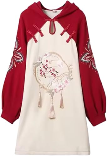 LIXINGHEITANG Chinese Style Retro Top Winter Hooded Dress With Elements Womens Oversized Long Sleeve Color Dresses
