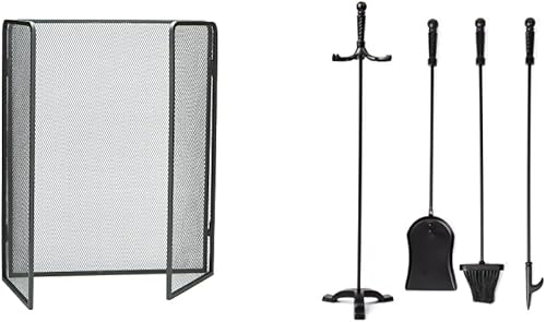 Mind Reader FIRESCREEN-BLK - Panel de puerta de 3 paneles con doble barra de acabado negro, negro y 4 piezas FIRE-BLK - Juego de 3 piezas para