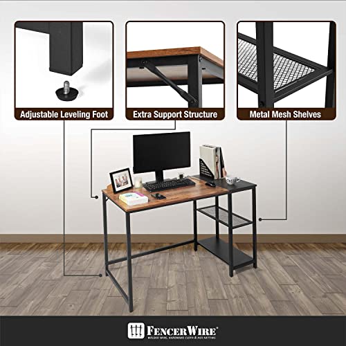 Fencer Wire 47 Inch Home Office Computer Desk with 2-Tier Storage Shelves, Study Writing Desk, Simple Industrial Modern PC Workstation with Splice Board, Rustic Oak, Wooden Table and Metal Frame - Thumbnail 5