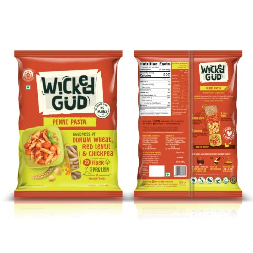 Image of WickedGud 2X Fiber Penne & Spaghetti Pasta Combo | No Maida | Durum Wheat Semolina | Brown Rice | Red Lentils | Healthy Diet Pasta - 400gm x 2