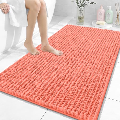 Image of OLANLY Bathroom Rug Mat 44x32, Thick Soft and Absorbent Chenille Bath Mat, Non-Slip Rubber Backing, Machine Washable Quick Dry Bath Rugs for Tub Shower Floor, Home Decor Accessories, Coral