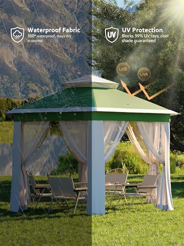 Garvee 13x13FT Pop Up Gazebo Screen Tent,Hexagonal Instant Gazebo Tent with Mosquito Netting Outdoor Canopy,6 Sided Sun Shelter with Mesh Netting,Pavilion Tents for Patio,Green+Beige