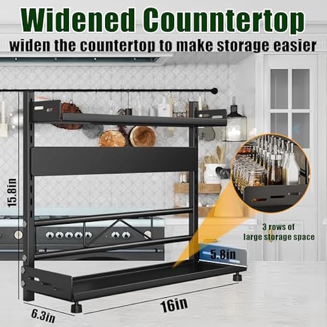 Spice Organization for Cabinet | 2 Tier Standing Height-Adjustable Spice Rack | Large Metal Rust-Proof Seasoning Organizer | Kitchen Storage Organization Shelf for Pantry Bathroom (2-40CM Black)