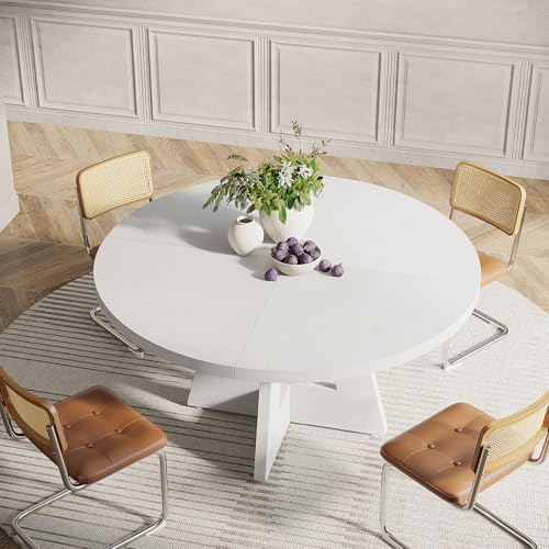 Image of Tribesigns 47 inch Round Dining Table Wood Kitchen Table for Dining Room, 47 inch Dinner Room Tables for 4-6, Farmhouse Accent Furniture with Wooden Tabletop and Cross Base, White