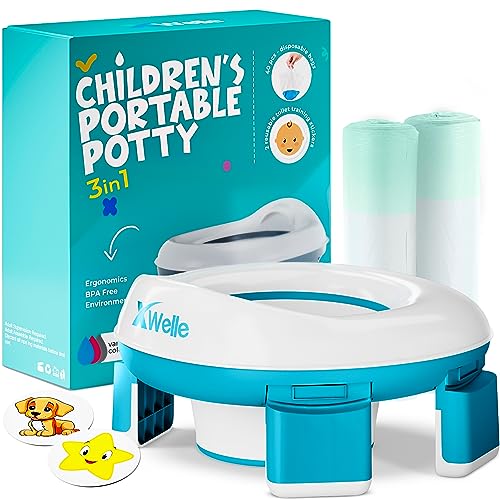 Orinal portátil 3 en 1 para niños pequeños de viaje + regalo, inodoro de entrenamiento para ir al baño, asiento de viaje para niños pequeños (azul)