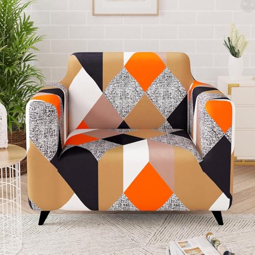 Image of Story@Home Sofa Cover 1 Seater Fully Covered Stretchable Polyester Spandex Elastic 1 Seater Sofa Cover 90x140Cm | Orange & Beige Abstract for Living Room & Create Your Own Customized Set
