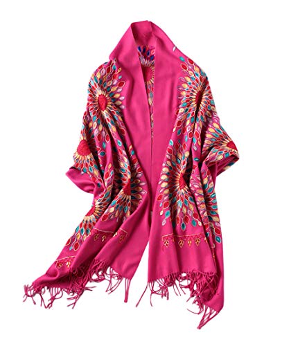 Urban CoCo Women's Embroidered Oversize Tassel Shawl Scarf Wraps for Women (Rose)