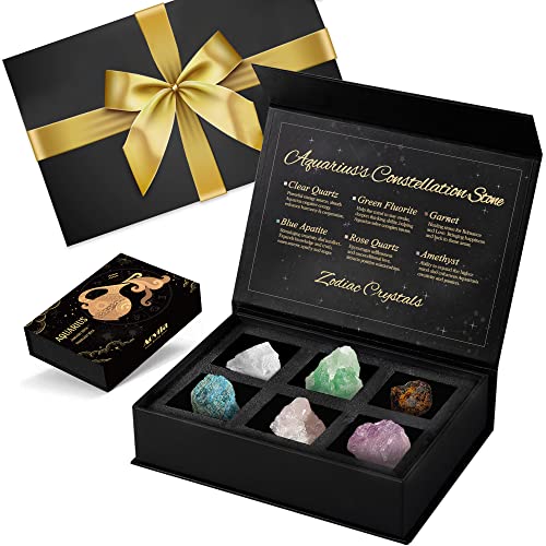 Image of Aquarius Crystals Birthstones Gift Box Set for Women - Zodiac Astrology Birthday Gifts With Wrap, Ribbon Bow, Greeting Card for Her, Mother, Sister, Best Friends