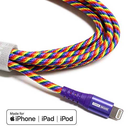 Tera Grand - Apple MFi Certified - Lightning to USB Braided Cable with Aluminum Housing, 7 Feet iPhone 11 Pro Max 11 Pro 11 XS XS Max XR 8 8 Plus 7 7 Plus iPad Pro Air Mini iPod Pride (Rainbow)