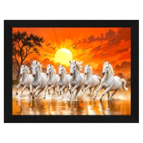Image of ArtX Paper 7 Horses Vastu Frame Wall Art Painting, White Running Horses On Water Painting Vastu With Rising Sun Wall Decor, Multicolor, Nature, 13.0 X 10.0 inch, Set of 1