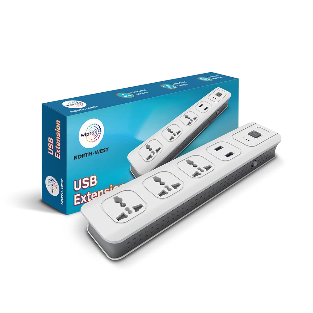 Wipro USB Extension Cord with 2 mtr Cord Length | 3 Universal Socket and 2 USB Port Spike Guard | Child Safety | Auto Cutoff | Fire Resistant, Pack of 1 (B0B7X1F6SY) Amazon Price History, Amazon Price Tracker