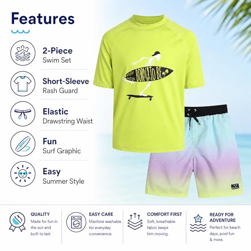 Image of Big Chill Boys Swim Set - 2 Piece Quick Dry UPF 50 Short Sleeve Rash Guard for Boys and Swim Trunks - Swimwear Set for Kids