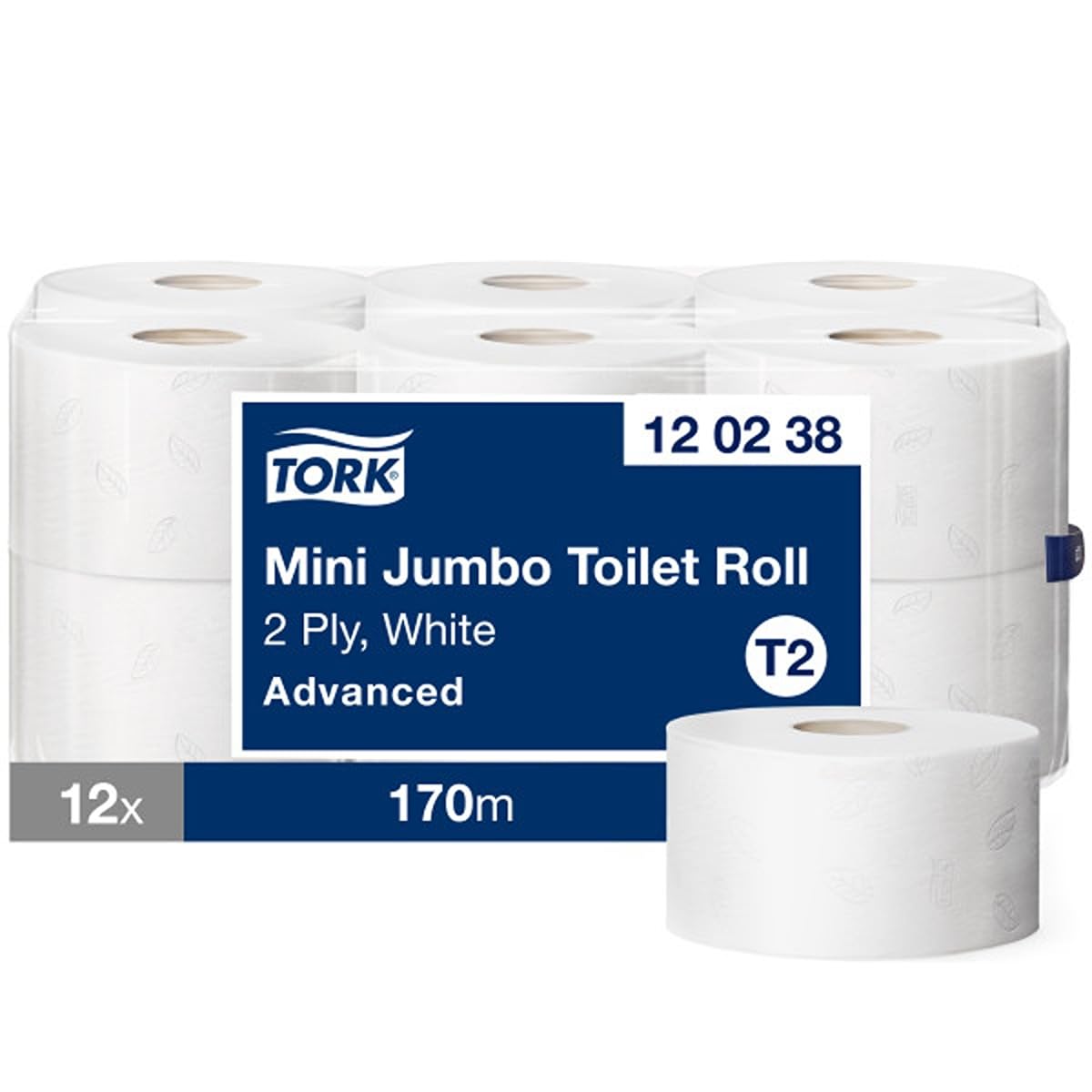 Tork Mini Jumbo Toilet Paper Roll White T2, Advanced, 2-ply, 12 x 170 metres, 120238